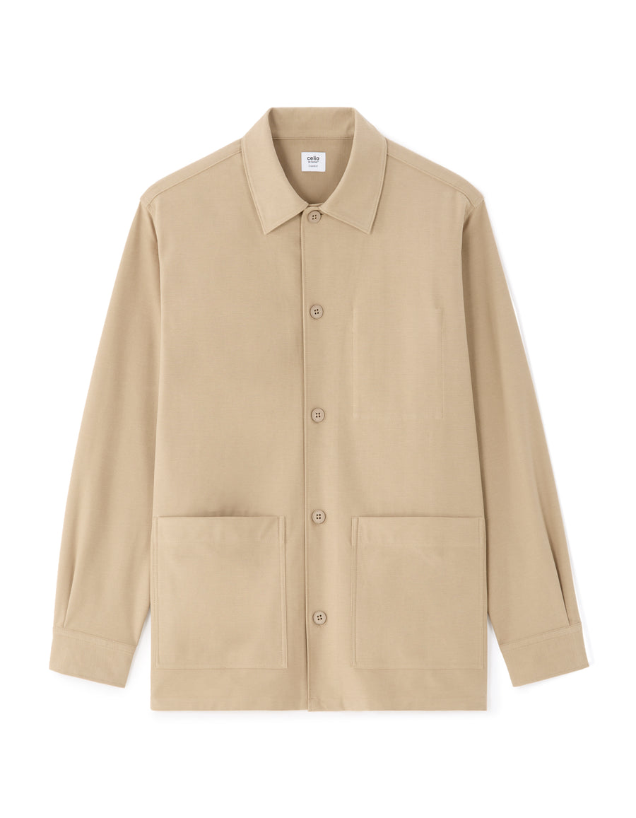 Oversized Fit Cotton Blend Spread Collar Shirt - Beige