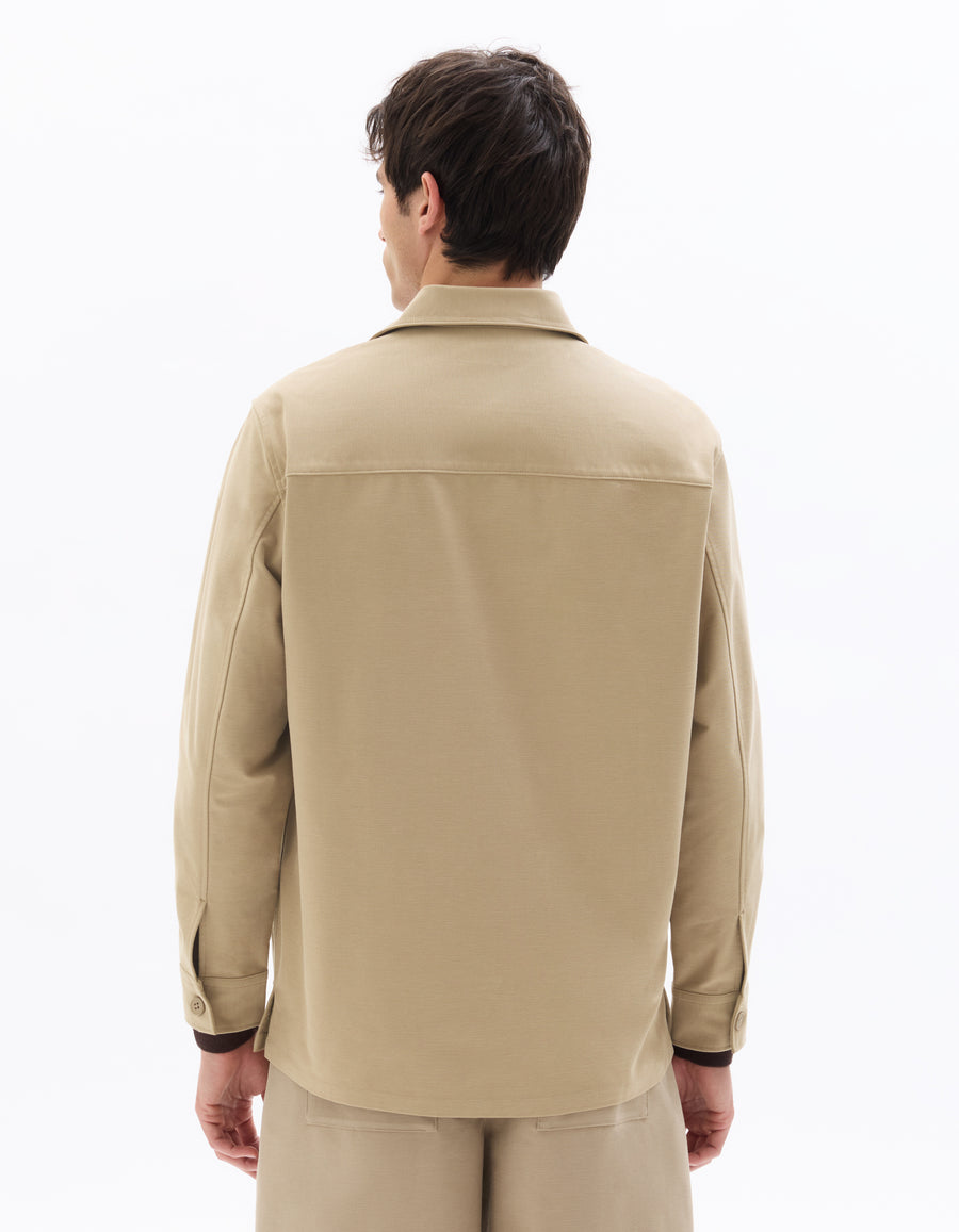 Oversized Fit Cotton Blend Spread Collar Shirt - Beige