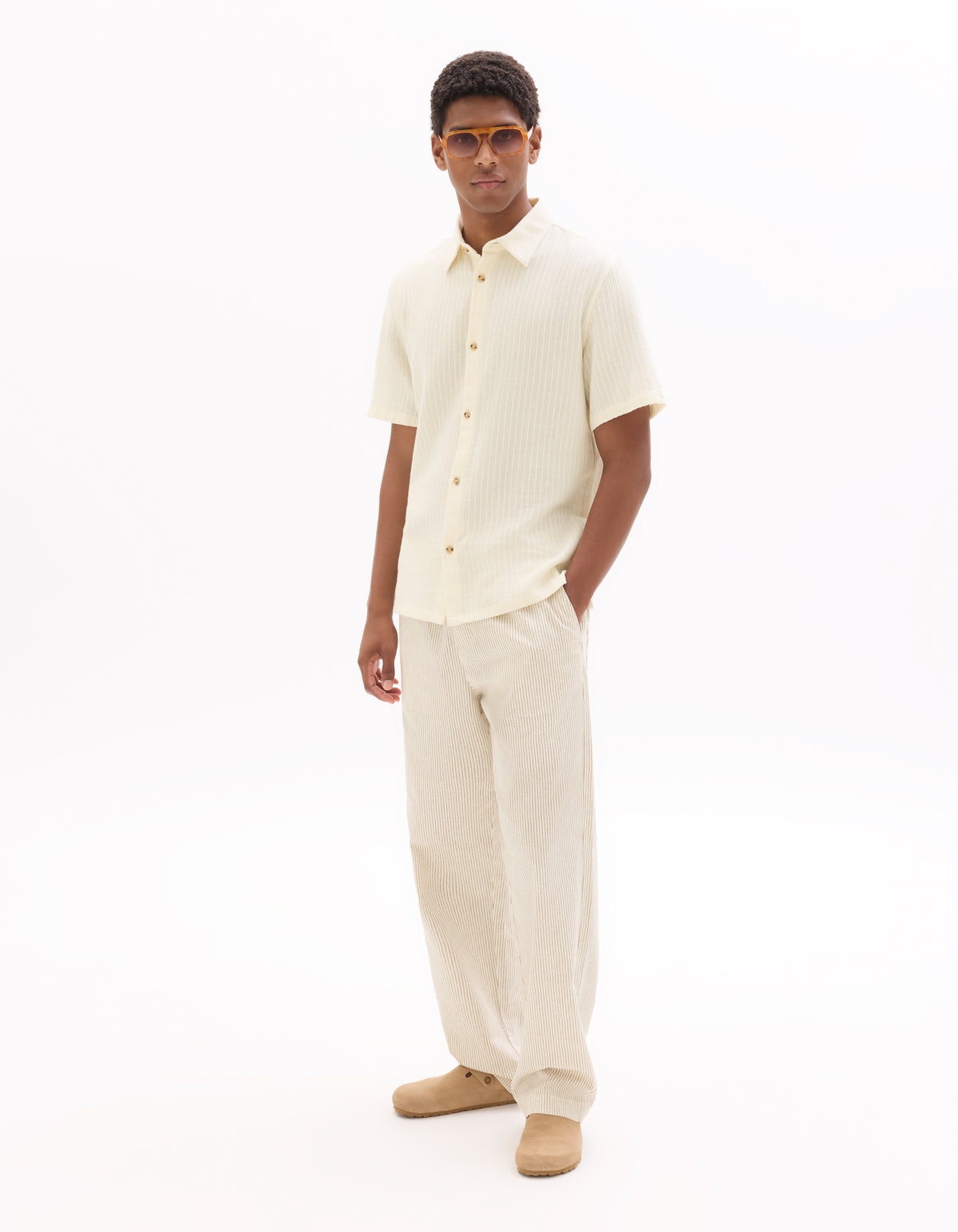 Straight Fit 100% Cotton Striped Casual Trouser - Beige
