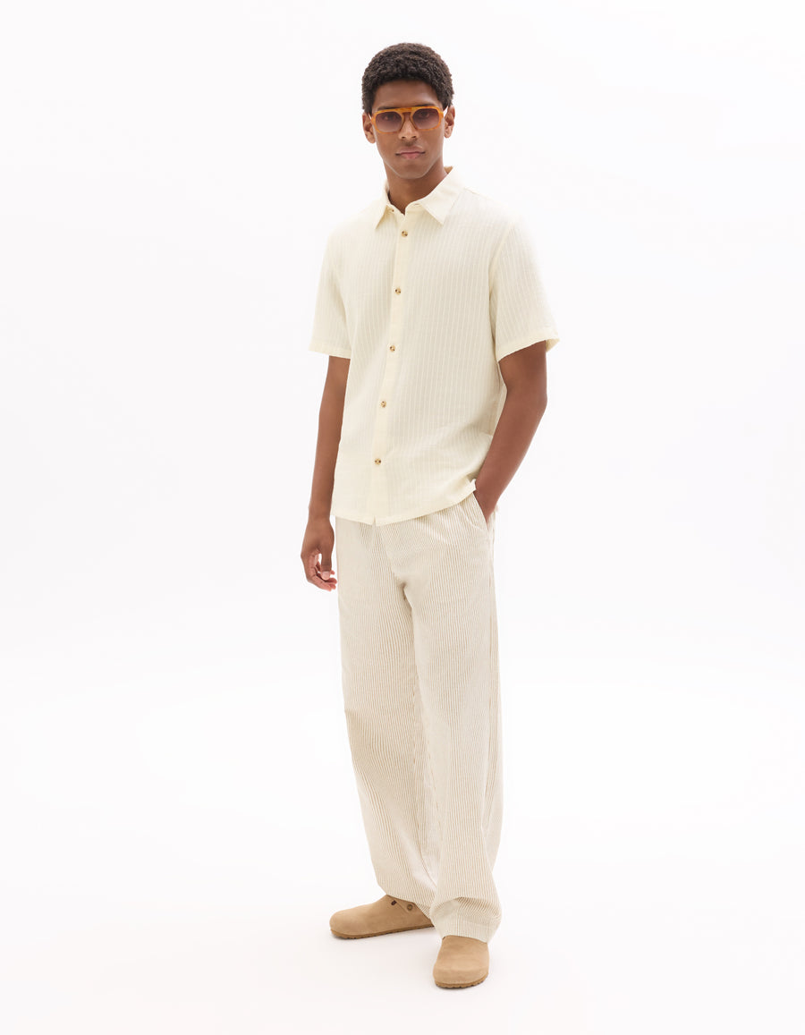 Straight Fit 100% Cotton Striped Casual Trouser - Beige