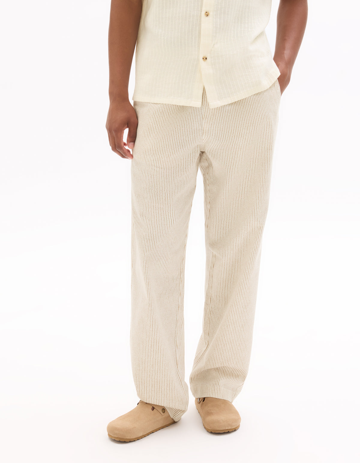 Straight Fit 100% Cotton Striped Casual Trouser - Beige