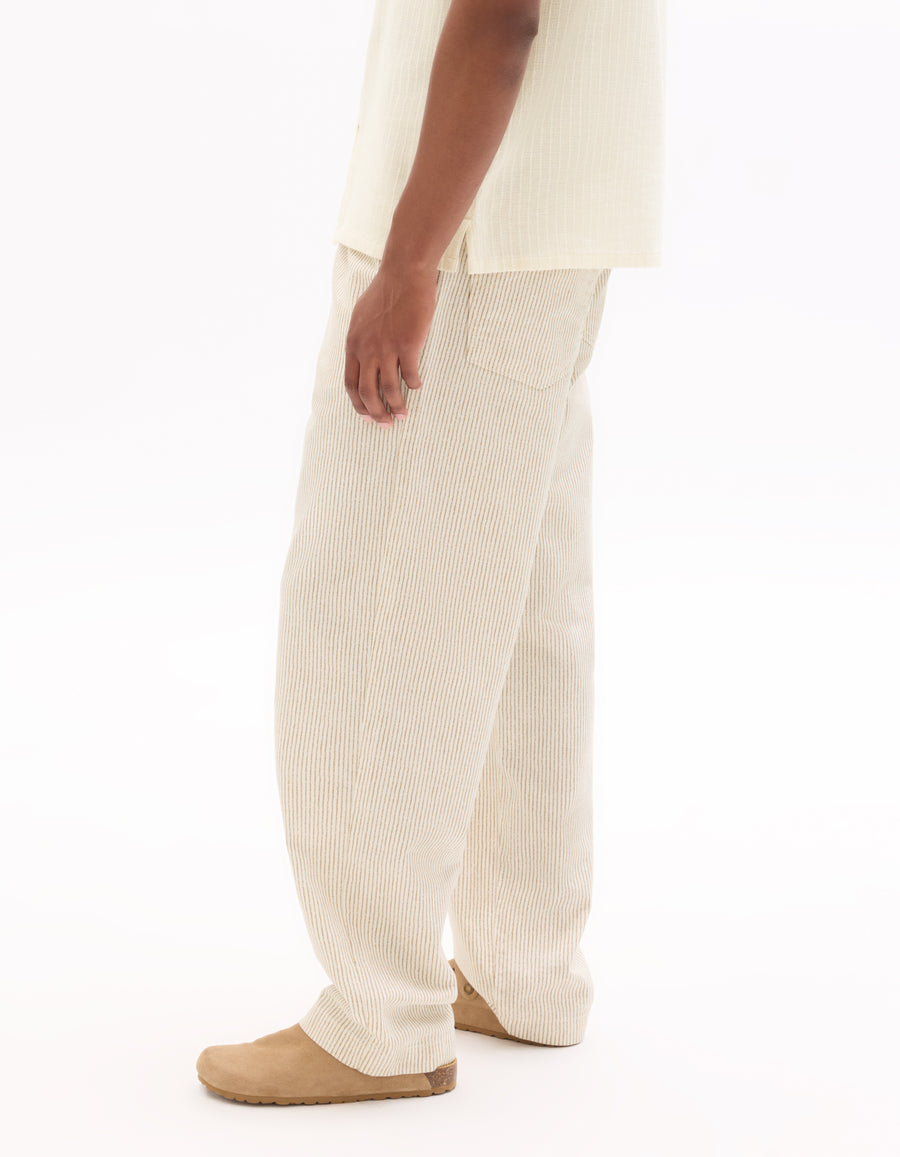 Straight Fit 100% Cotton Striped Casual Trouser - Beige