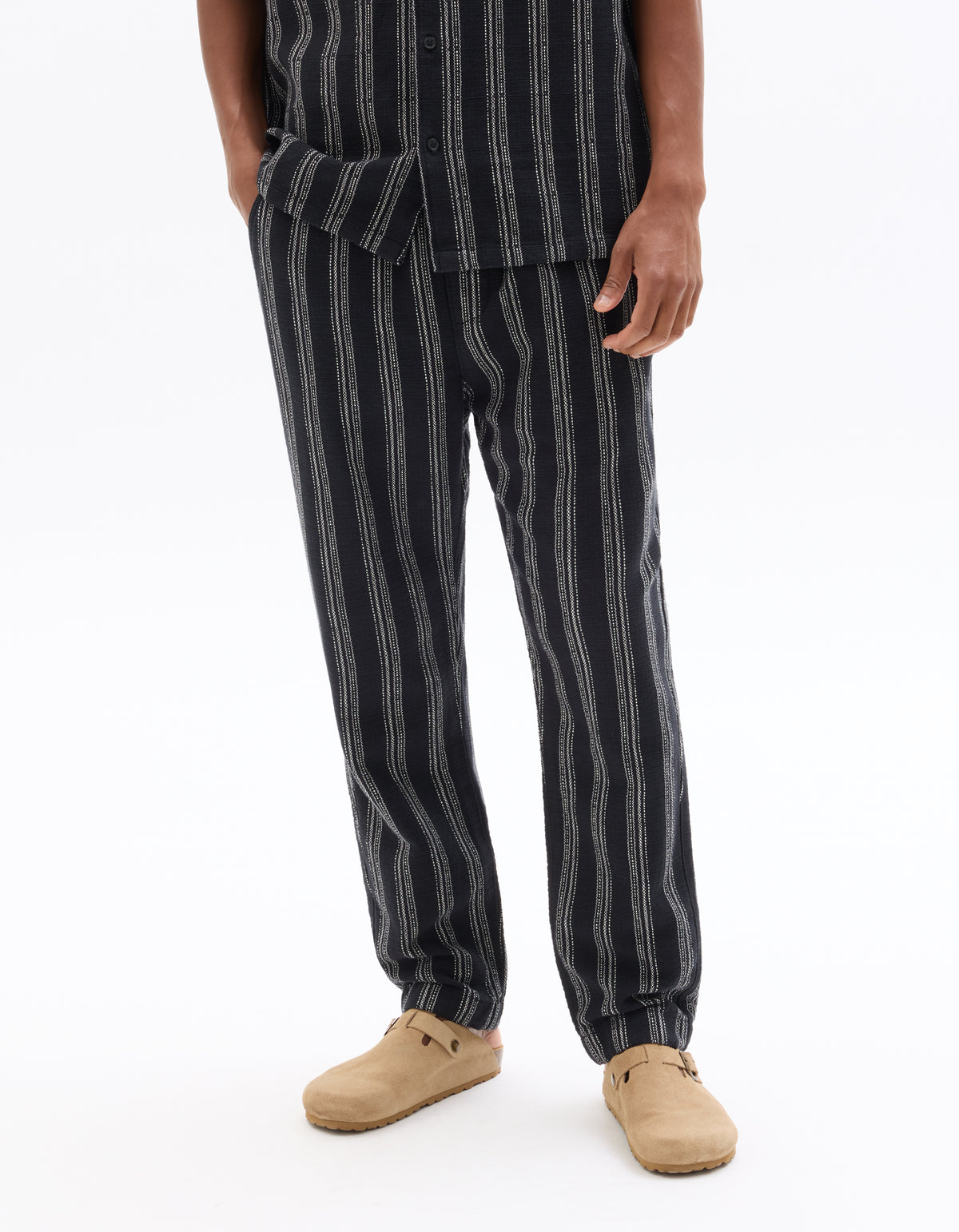 Relaxed Fit 100% Cotton Striped Casual Trousers - Black