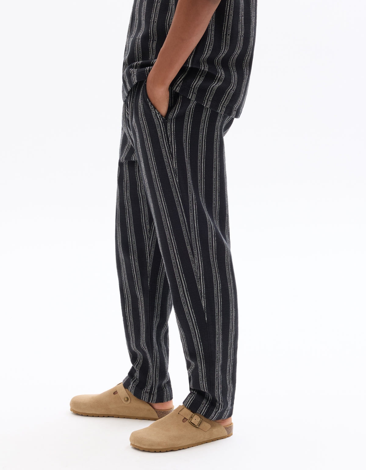 Relaxed Fit 100% Cotton Striped Casual Trousers - Black