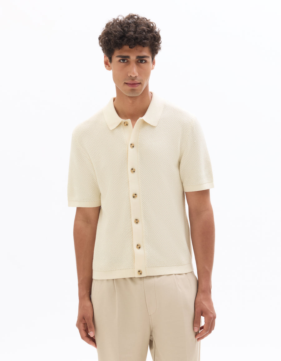 Regular Fit 100% Cotton Jacquard Polo Collar Shirt - Ecru