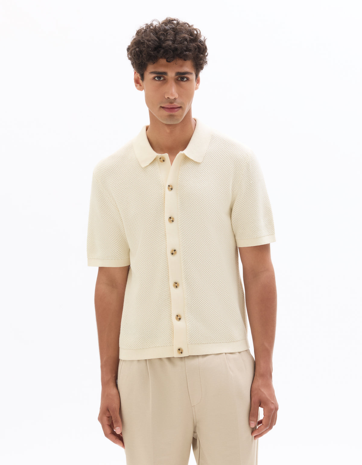 Regular Fit 100% Cotton Jacquard Polo Collar Shirt - Ecru