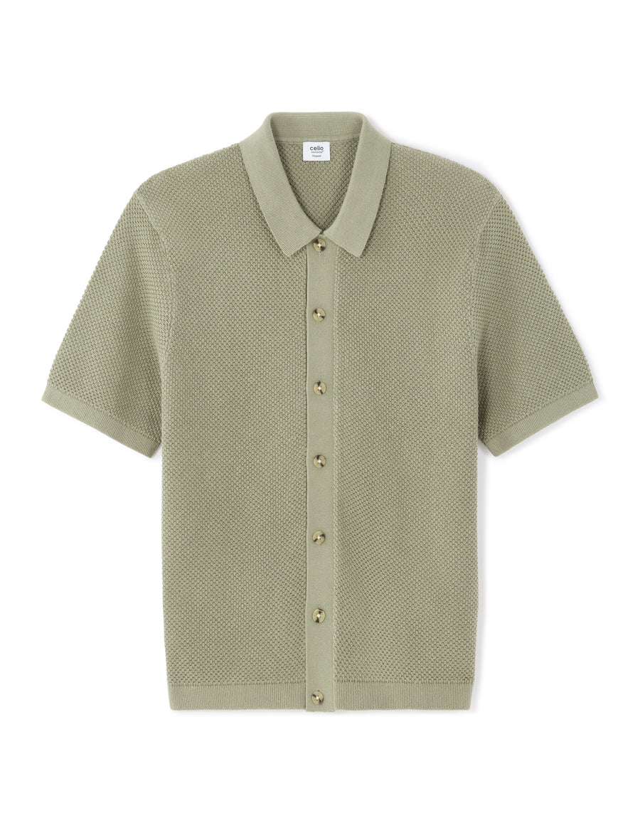 Regular Fit 100% Cotton Jacquard Polo Collar Shirt - Khaki