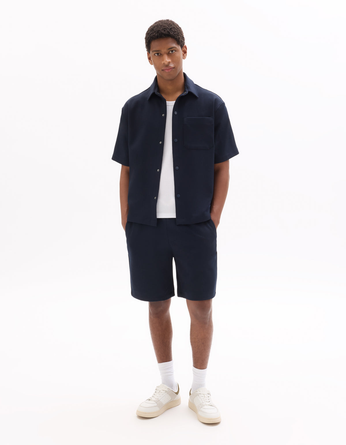 Overshirt Fit Polyester Textured Spread Collar Shirt - Navy Blue