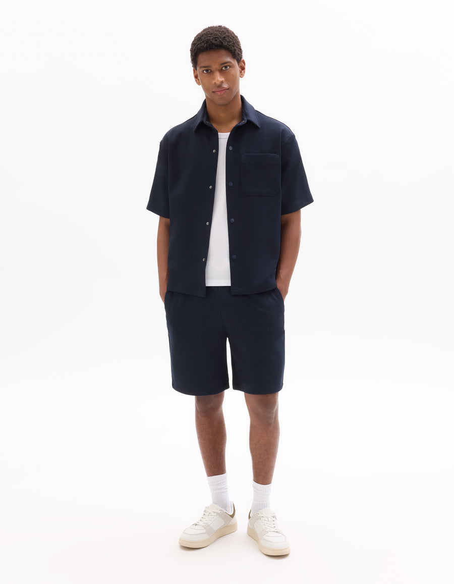 Overshirt Fit Polyester Textured Spread Collar Shirt - Navy Blue