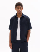 Overshirt Fit Polyester Textured Spread Collar Shirt - Navy Blue