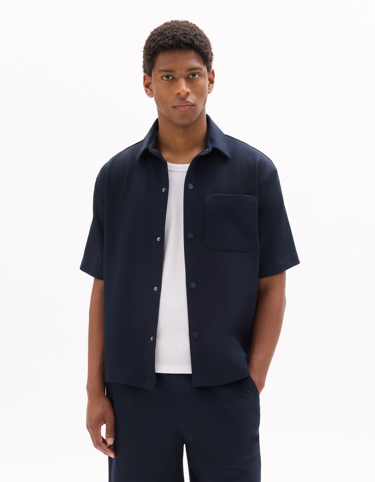 Overshirt Fit Polyester Textured Spread Collar Shirt - Navy Blue