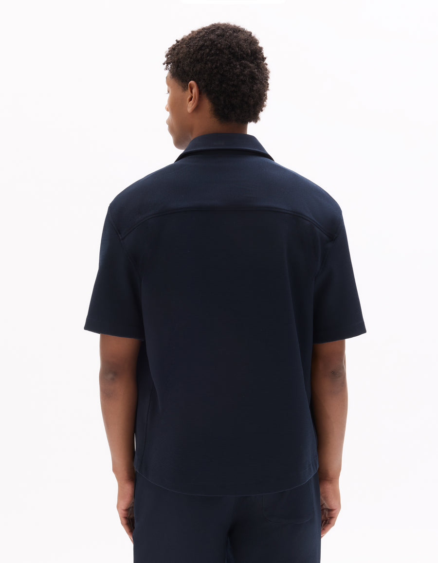 Overshirt Fit Polyester Textured Spread Collar Shirt - Navy Blue