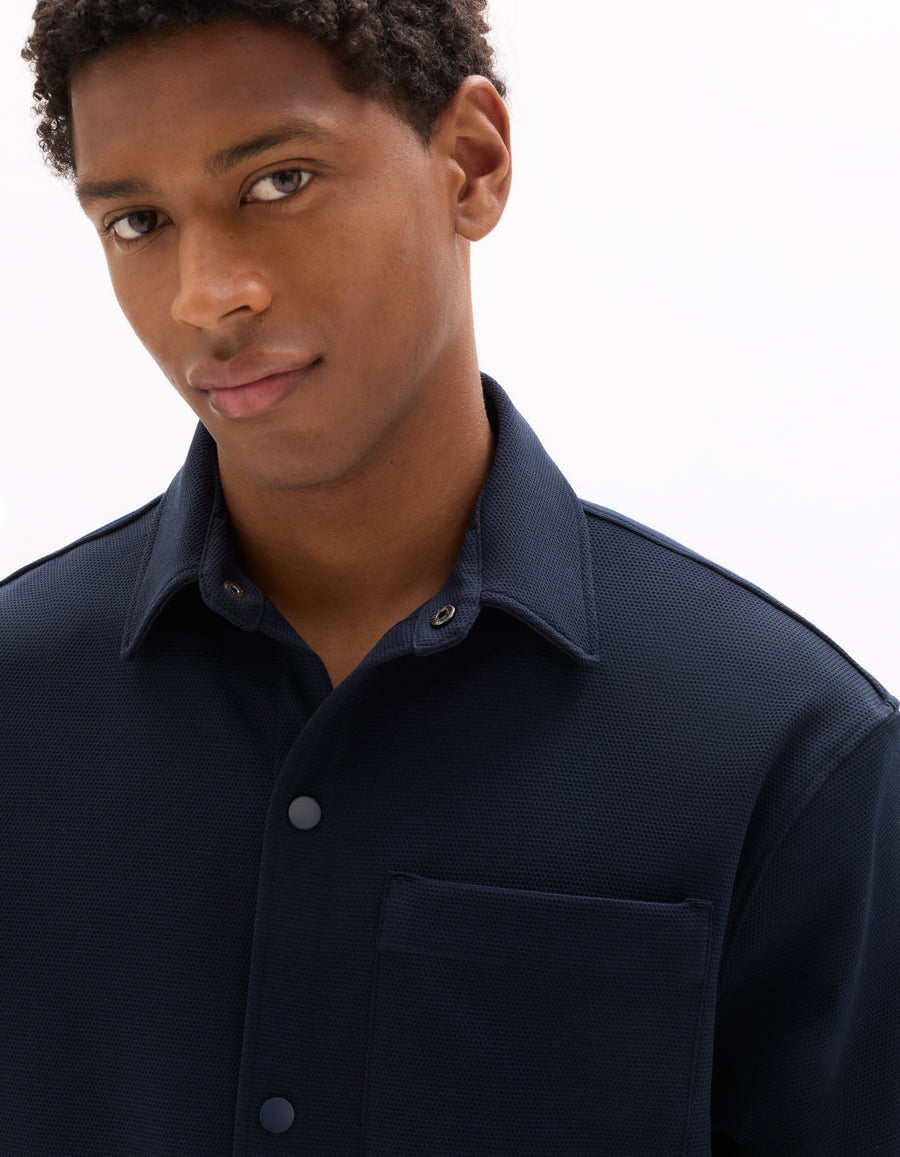 Overshirt Fit Polyester Textured Spread Collar Shirt - Navy Blue