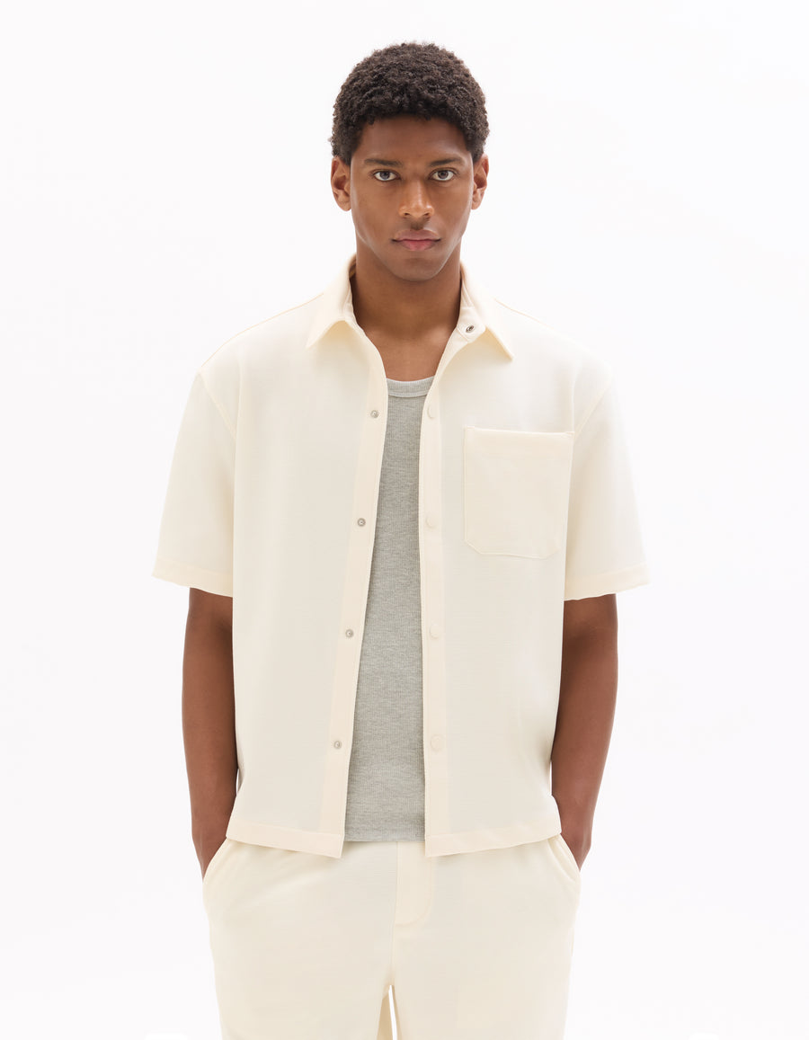 Overshirt Fit Polyester Textured Spread Collar Shirt - Beige