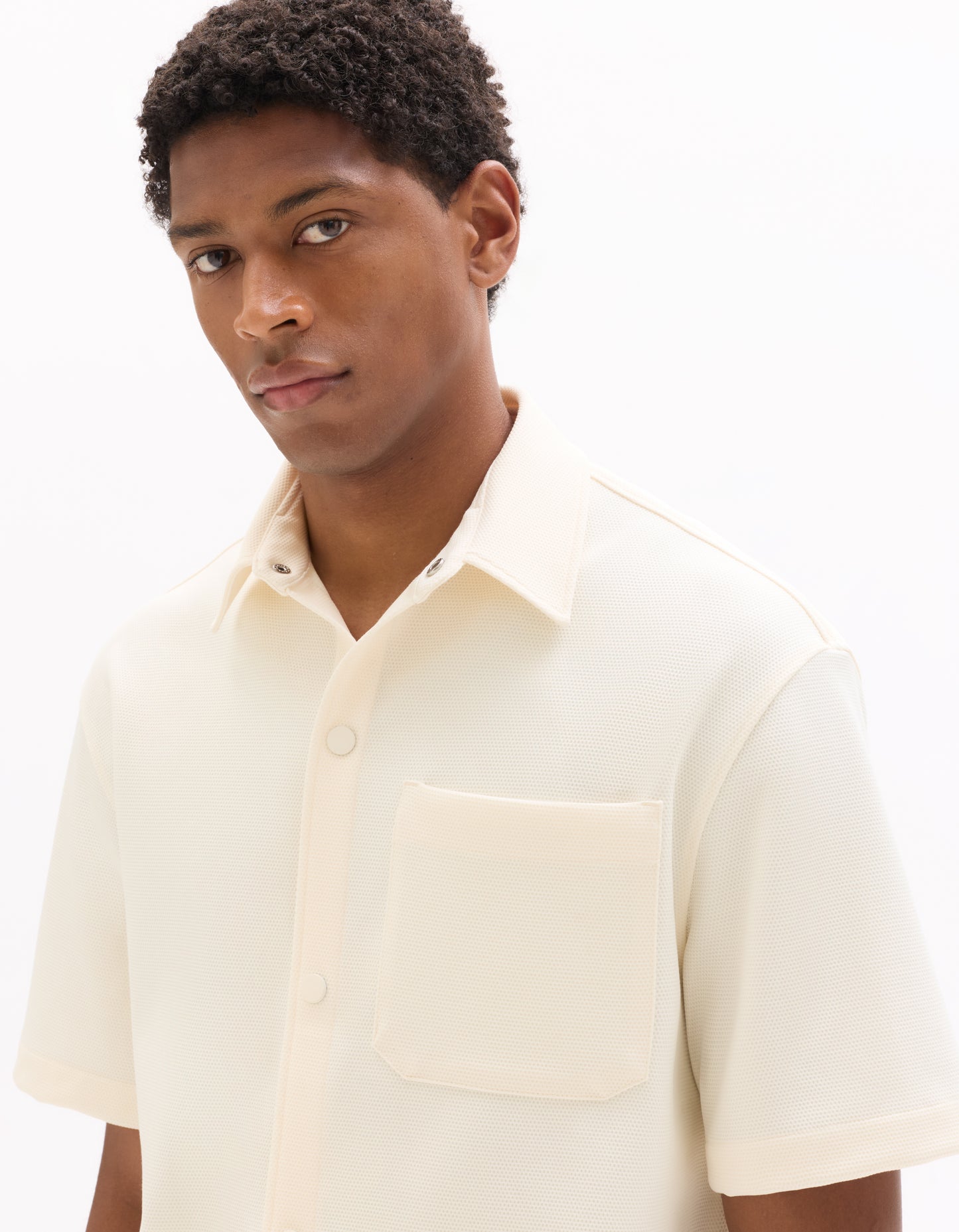 Overshirt Fit Polyester Textured Spread Collar Shirt - Beige