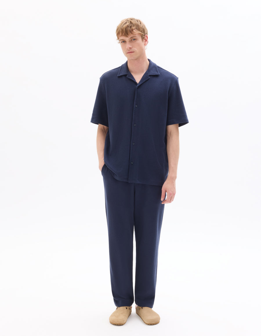 Relaxed Fit 100% Cotton Polo Collar Shirt - Navy Blue