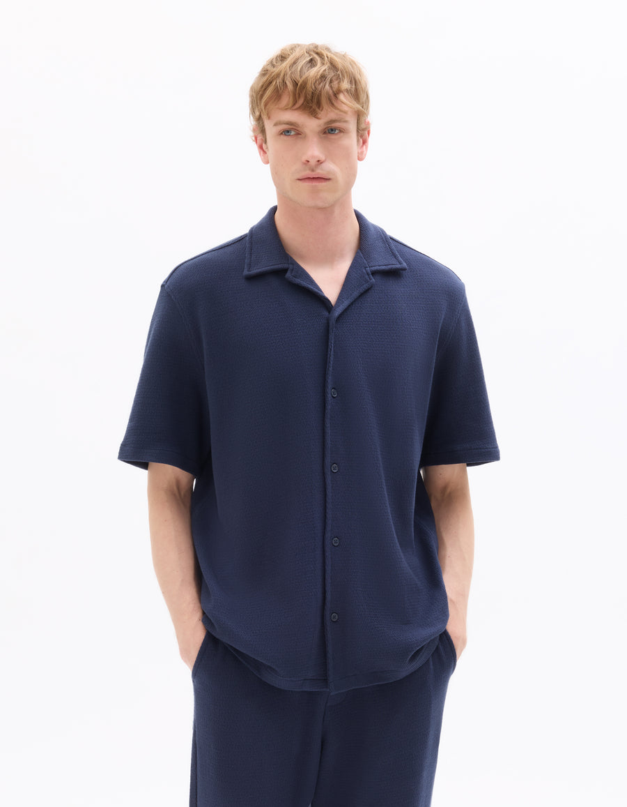 Relaxed Fit 100% Cotton Polo Collar Shirt - Navy Blue