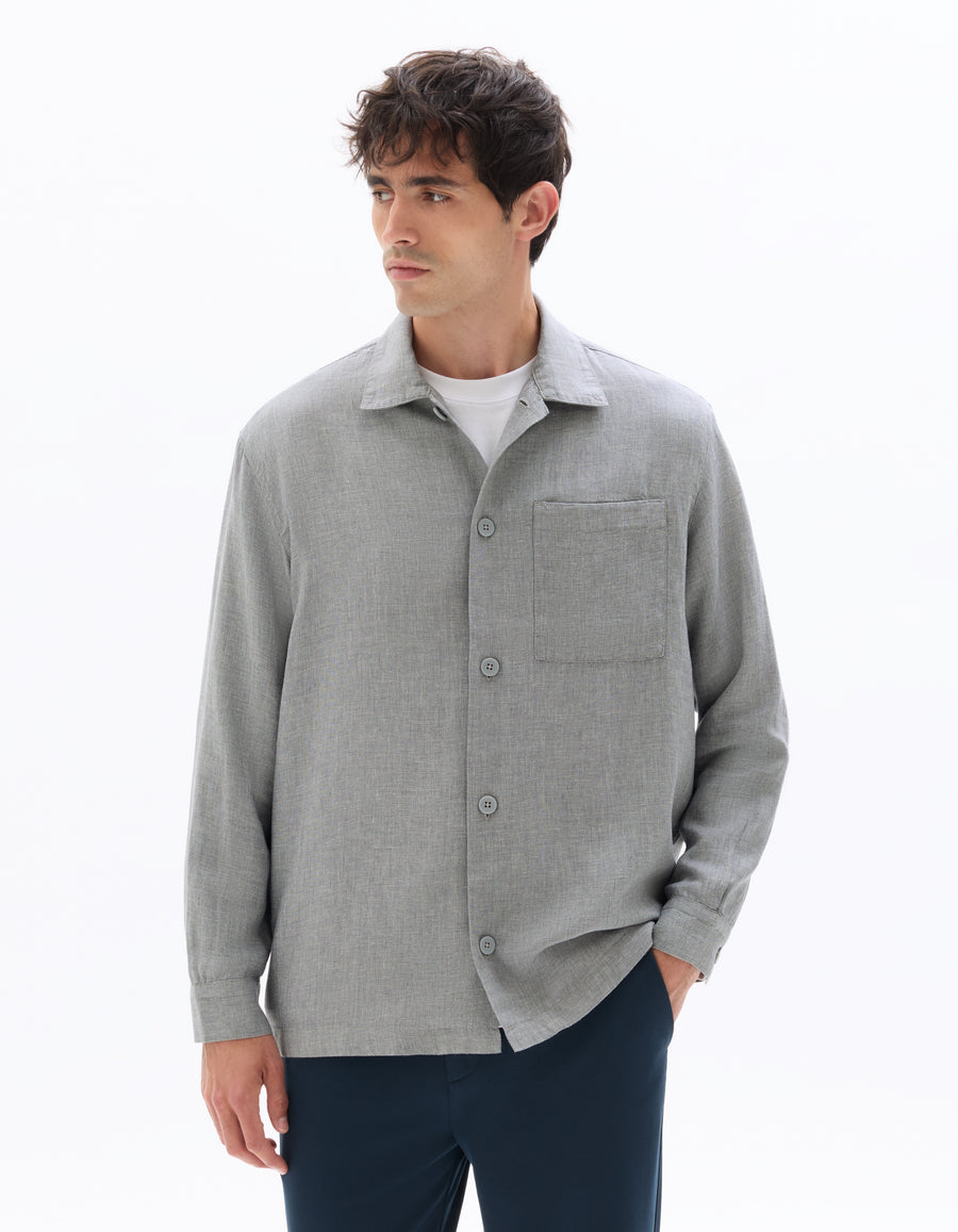 Straight Fit Viscose Linen Spread Collar Shirt - Grey