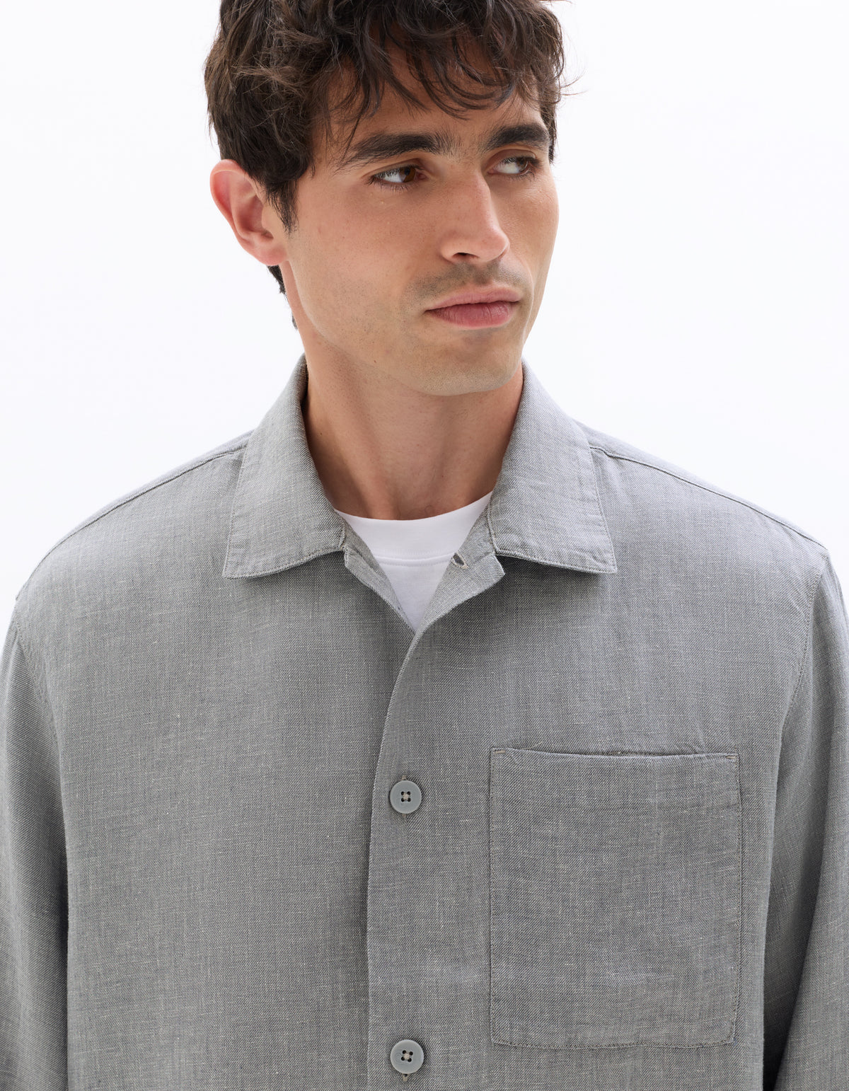 Straight Fit Viscose Linen Spread Collar Shirt - Grey