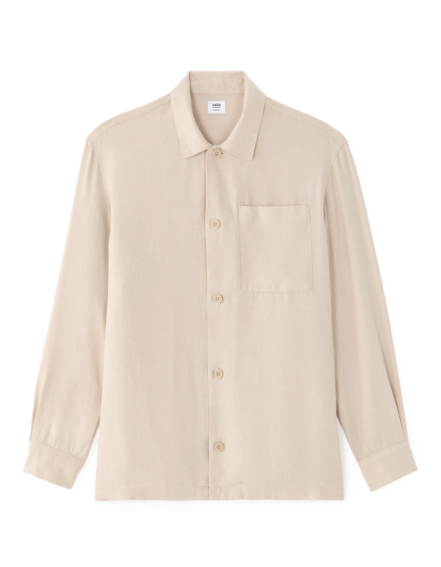 Straight Fit Viscose Linen Spread Collar Shirt - Beige
