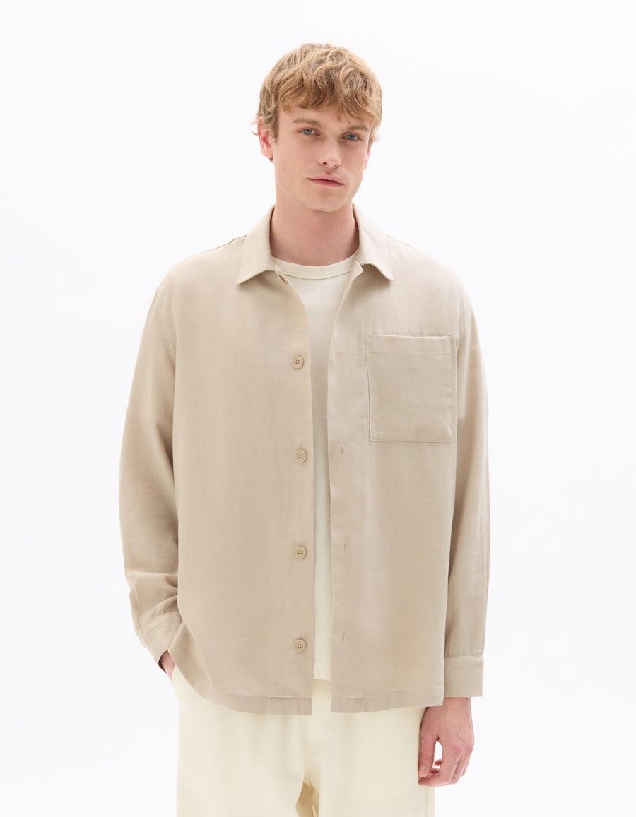 Straight Fit Viscose Linen Spread Collar Shirt - Beige