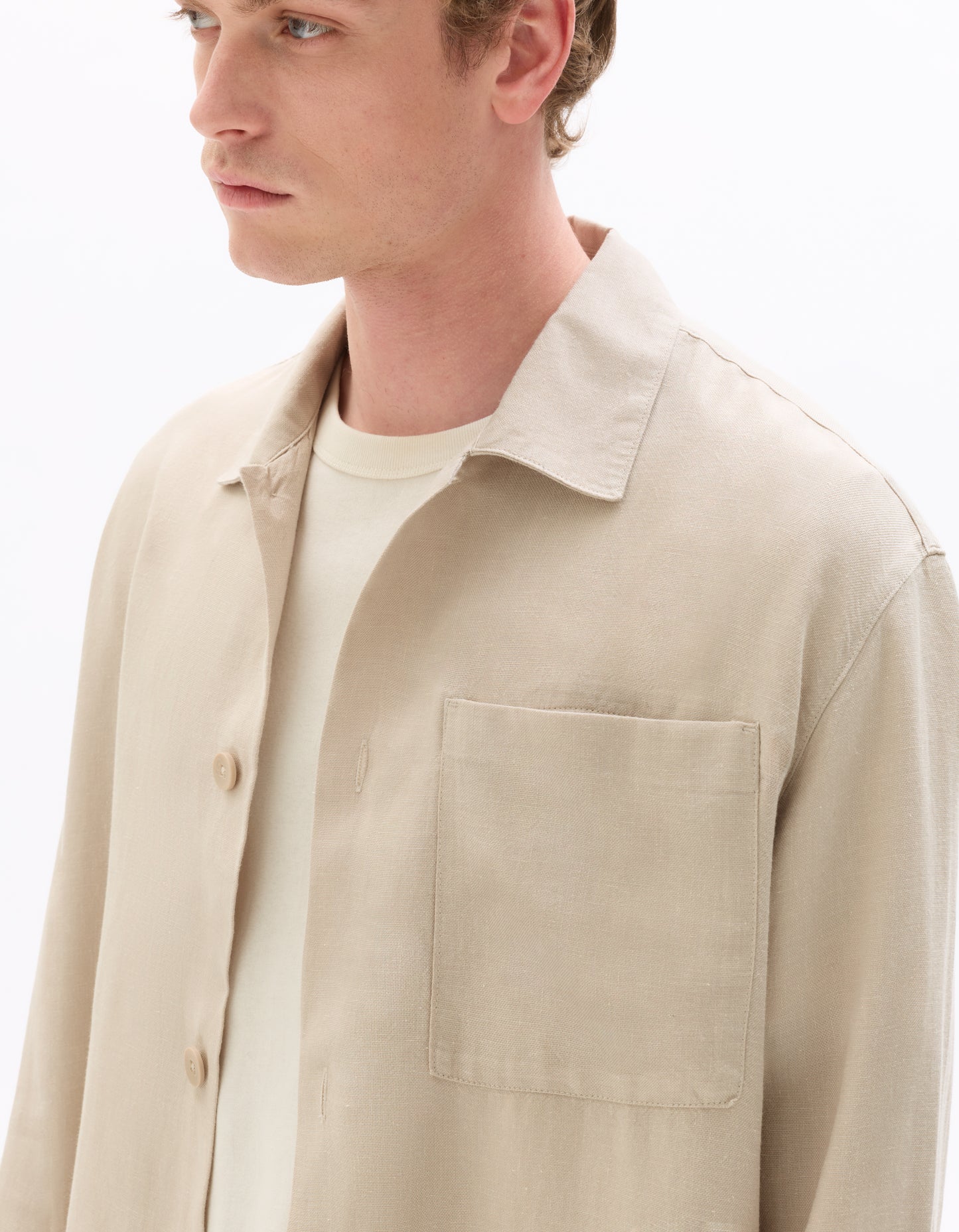 Straight Fit Viscose Linen Spread Collar Shirt - Beige