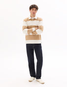 Regular Fit 100% Cotton Striped Polo Collar T Shirts - Beige