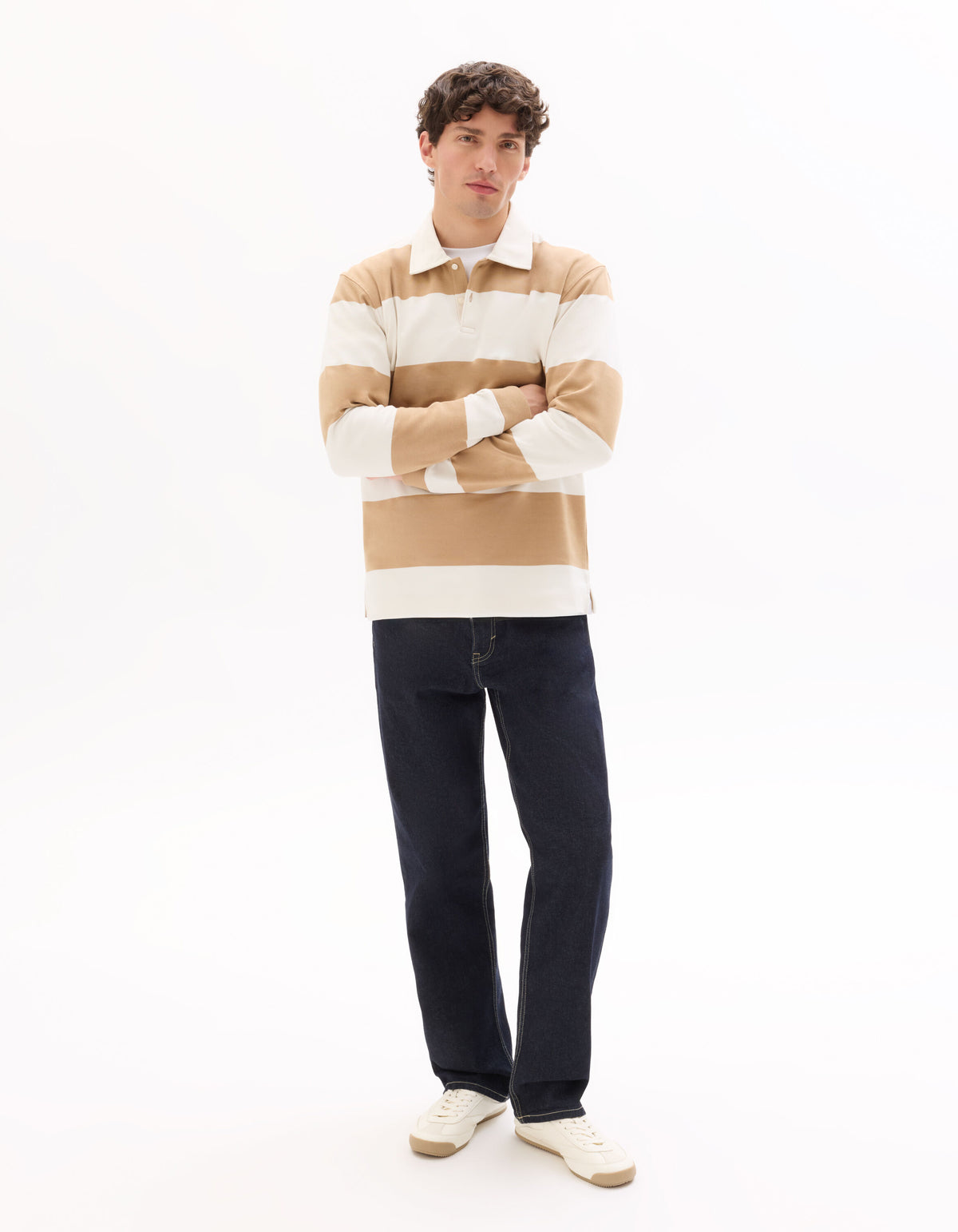 Regular Fit 100% Cotton Striped Polo Collar T Shirts - Beige