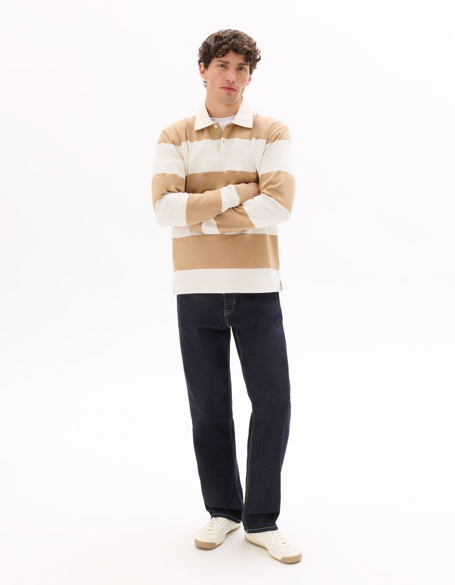Regular Fit 100% Cotton Striped Polo Collar T Shirts - Beige