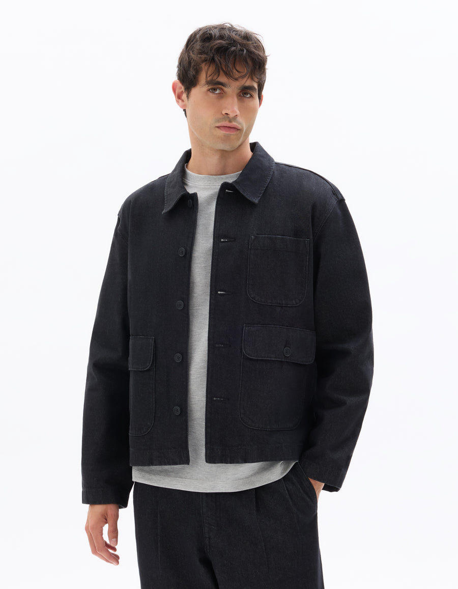 Boxy Fit 100% Cotton Solid Spread Collar Jackets - Black
