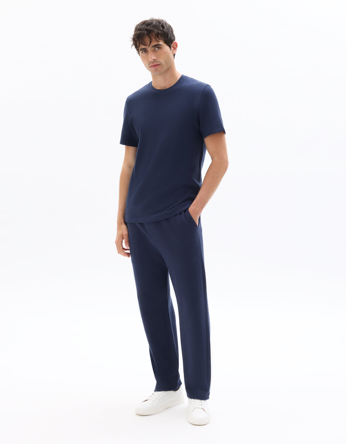 Regular Fit 100% Cotton Textured Round Neck T-Shirt - Navy Blue