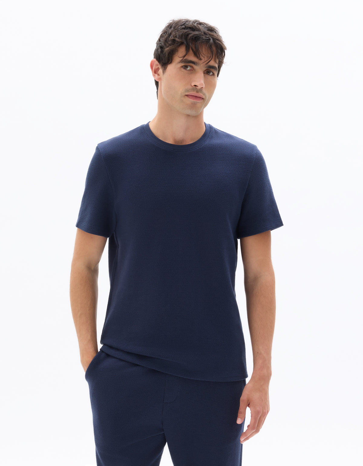Regular Fit 100% Cotton Textured Round Neck T-Shirt - Navy Blue