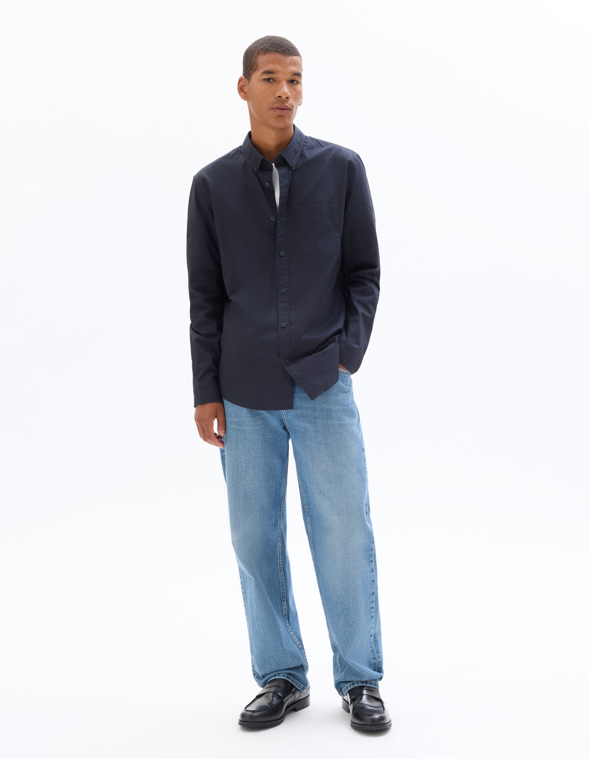 Regular Fit 100% Cotton Spread Collar Shirt - Navy Blue