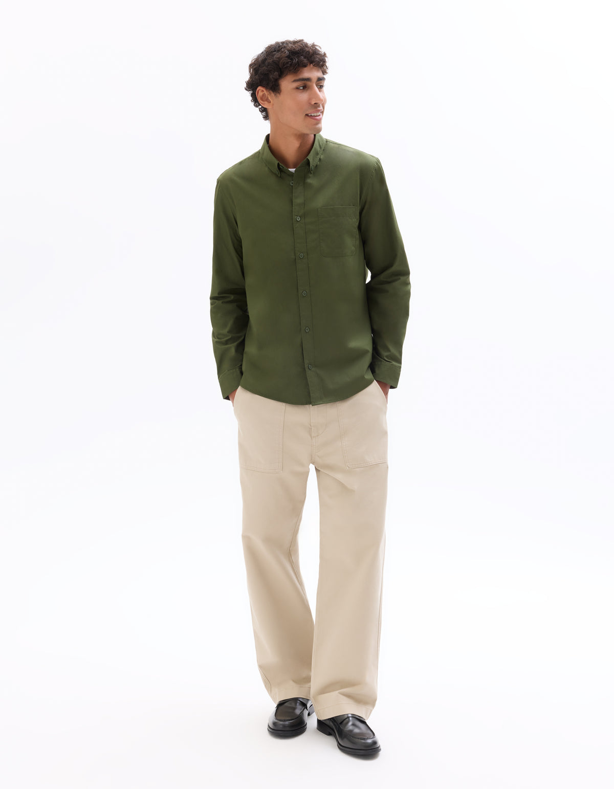 Regular Fit 100% Cotton Spread Collar Shirt - Olive Green