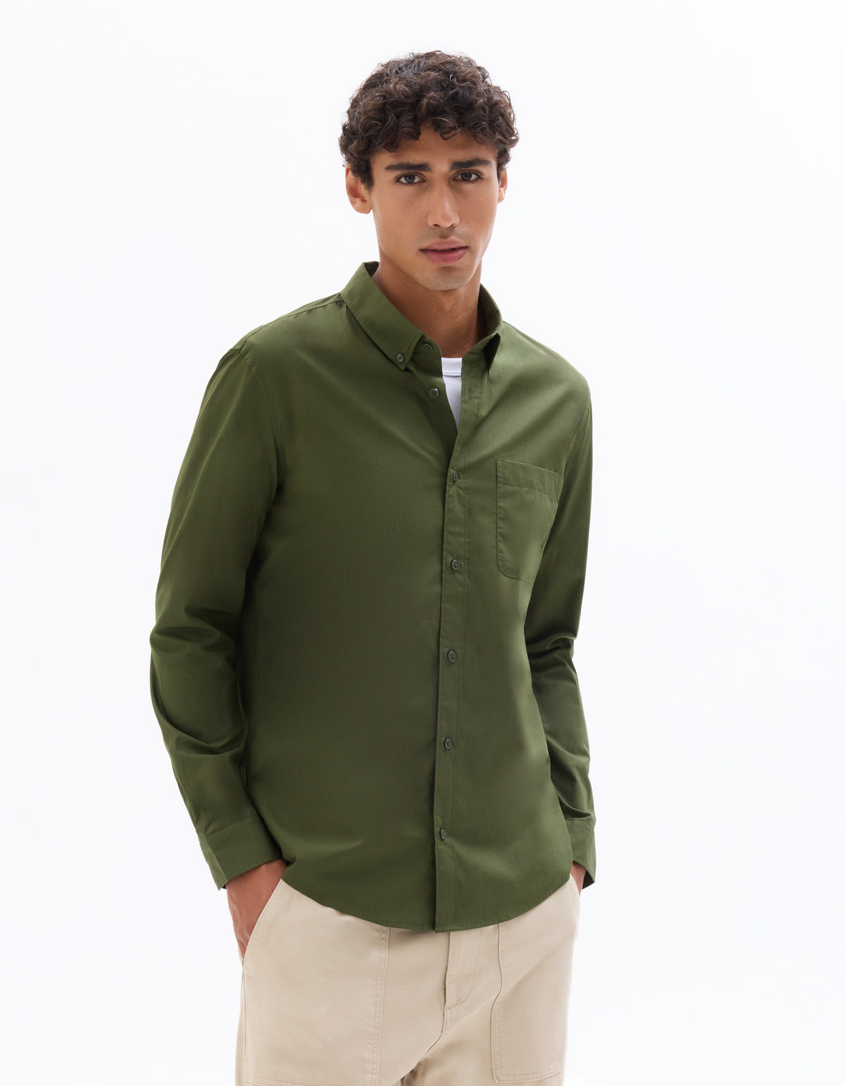 Regular Fit 100% Cotton Spread Collar Shirt - Olive Green