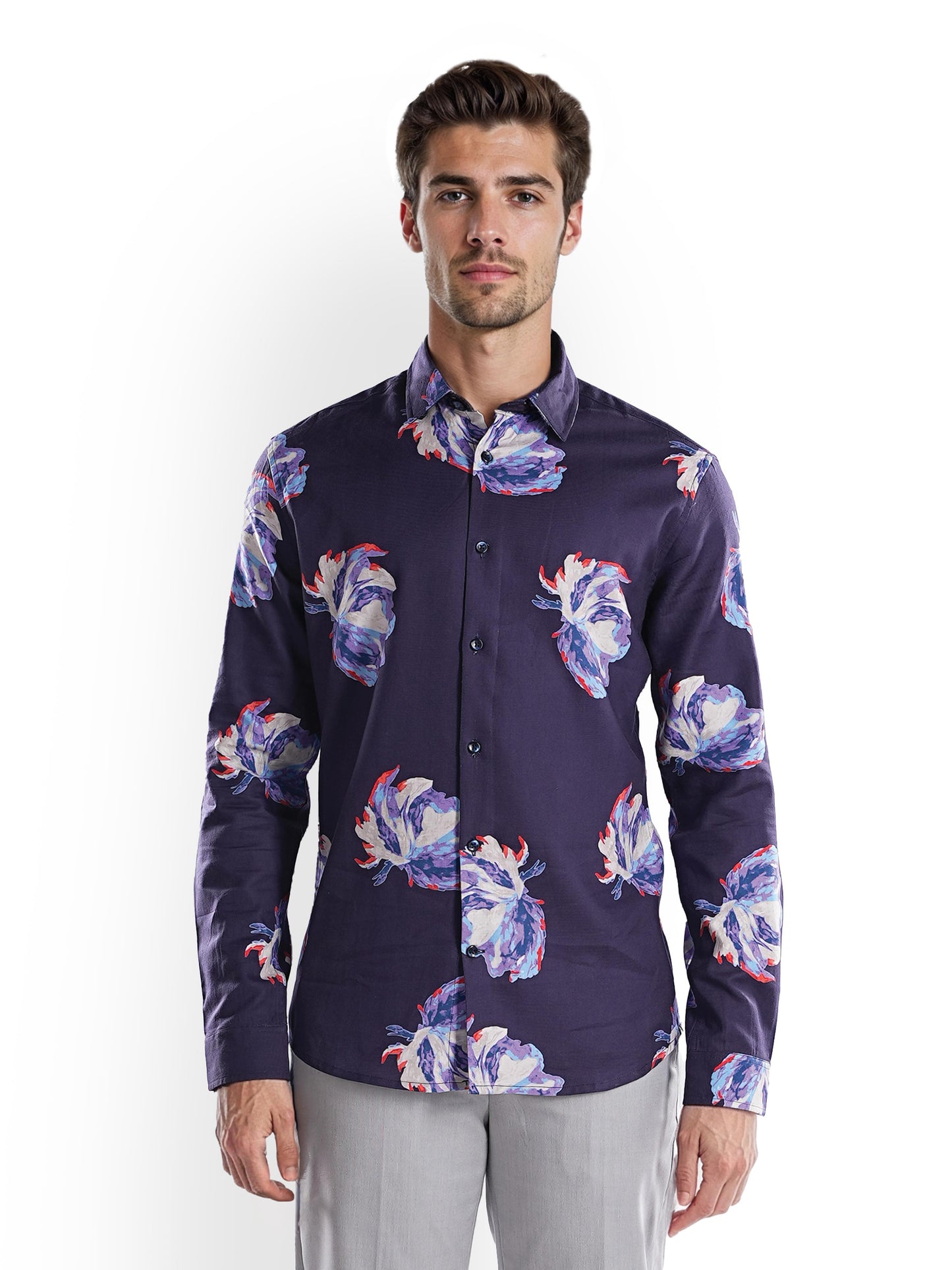 Celio* Printed Regular Fit Cotton Purple Shirt