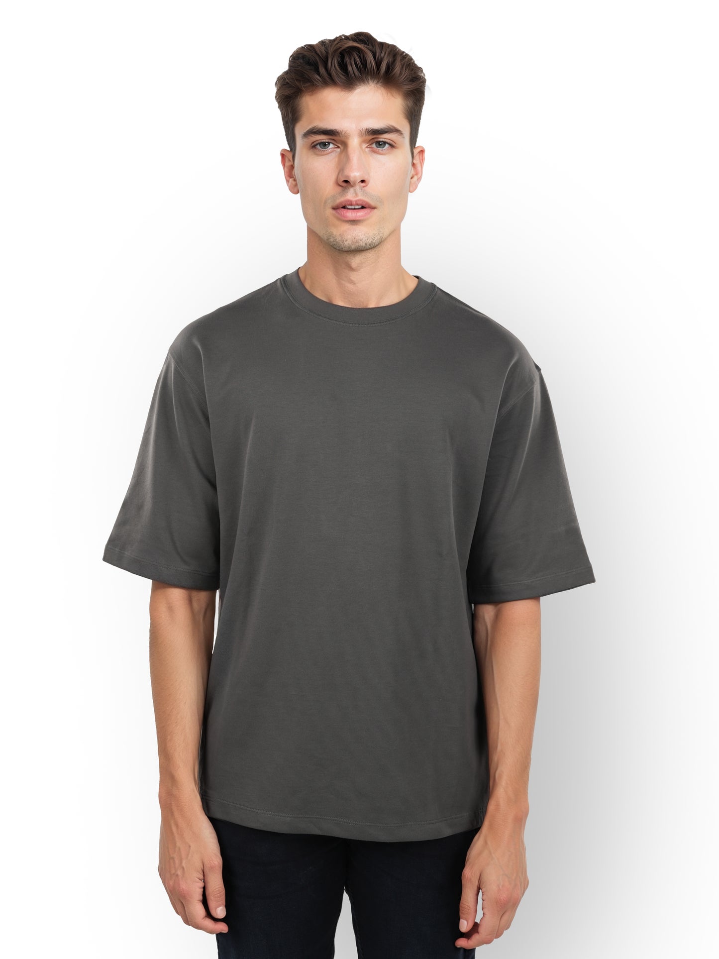 Celio* Solid Oversized Cotton Grey T-Shirt