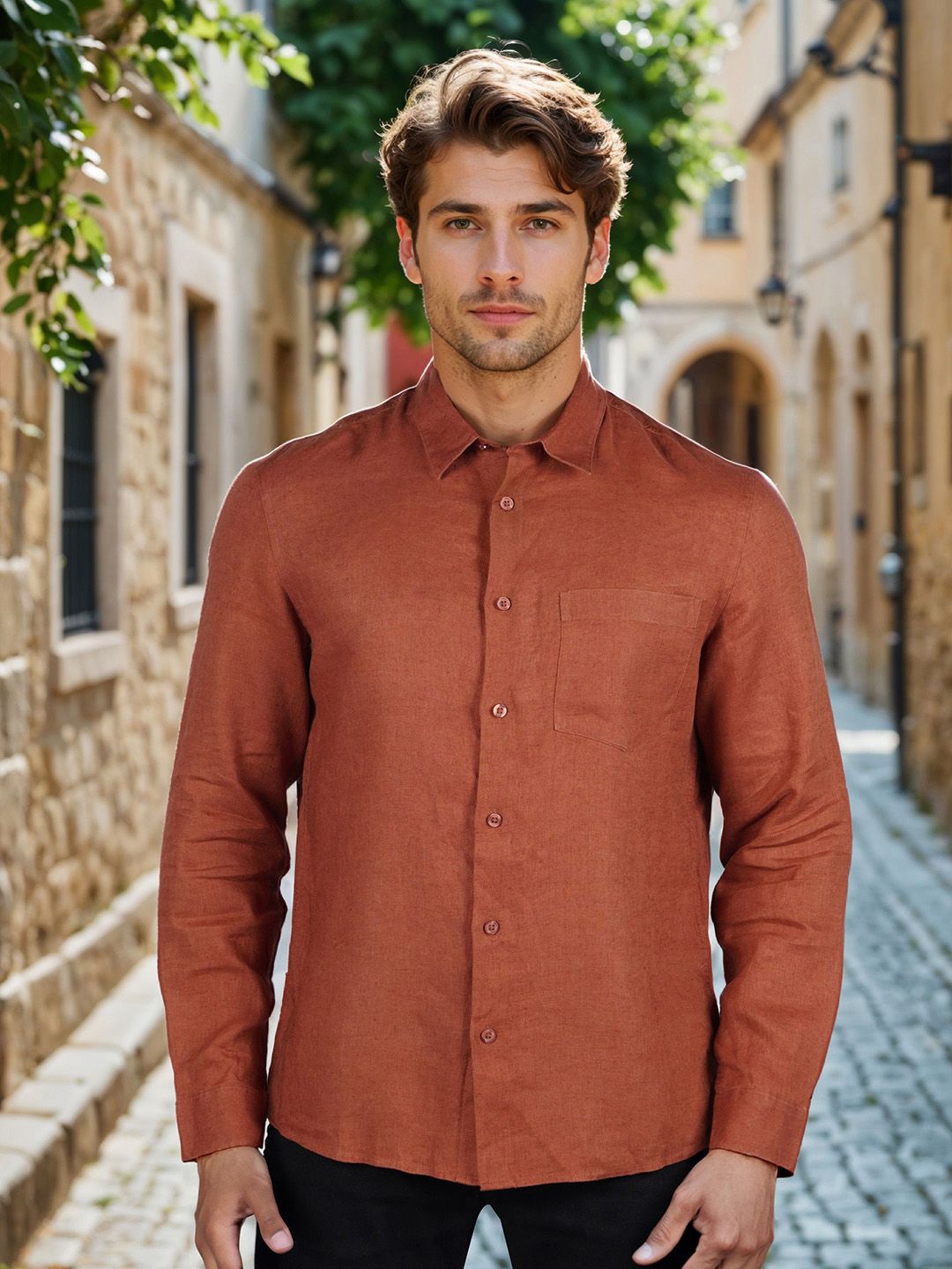 Celio* Solid Regular Fit Linen Orange Shirt