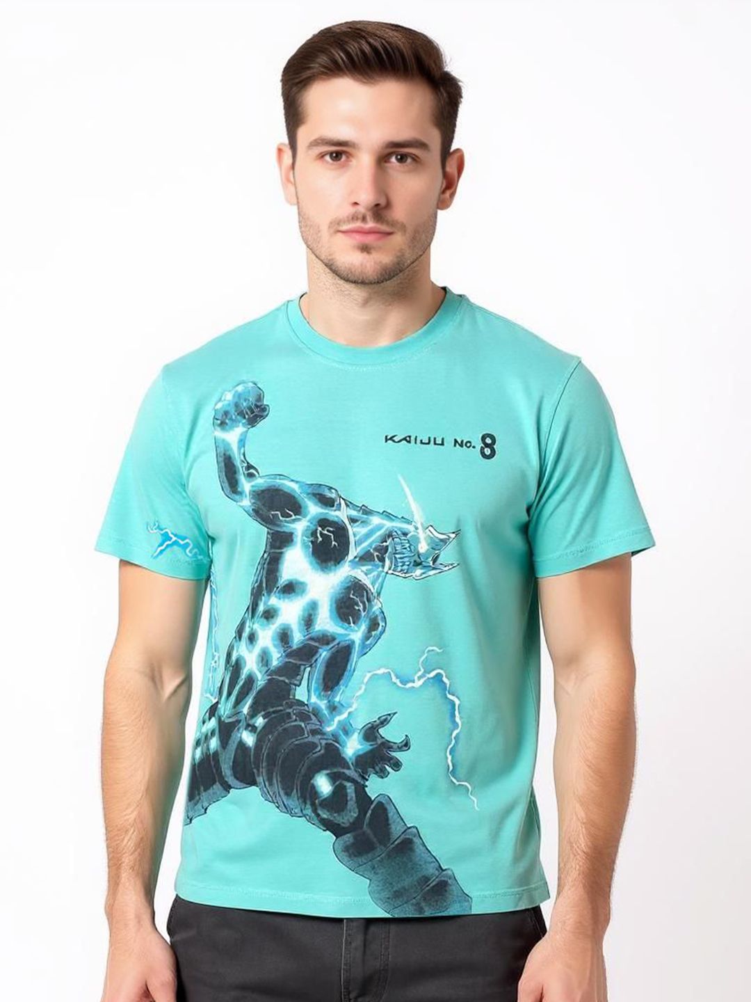 Celio* Men Turquoise Blue Printed Oversized Cotton Kaiju T-Shirt