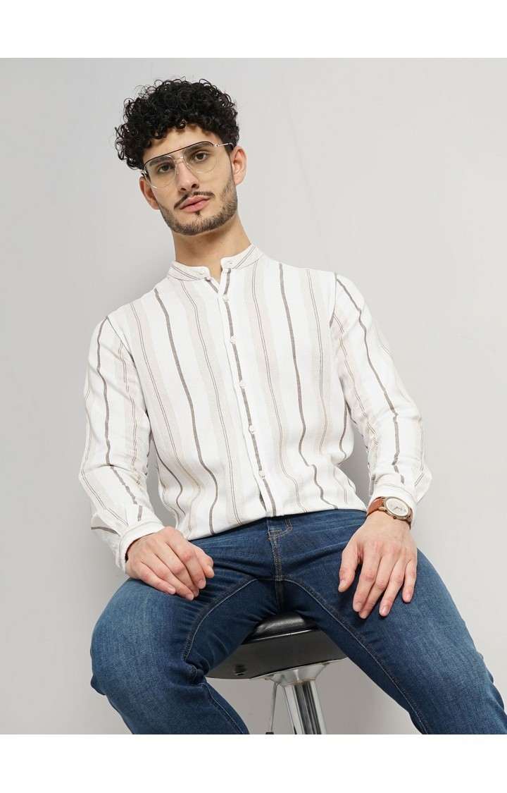 Celio* Striped Regular Fit Linen Brown Shirt