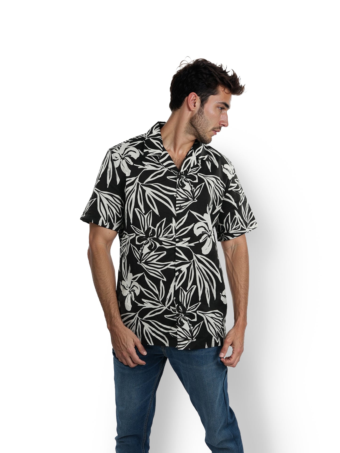 Celio* Printed Regular Fit Linen Black Shirt