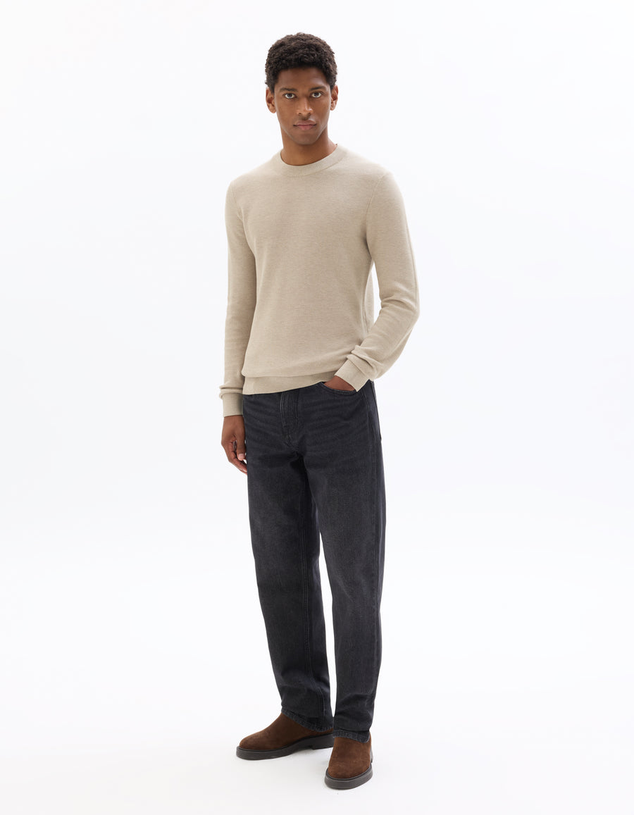 Regular Fit 100% Cotton Round Neck Sweater - Beige