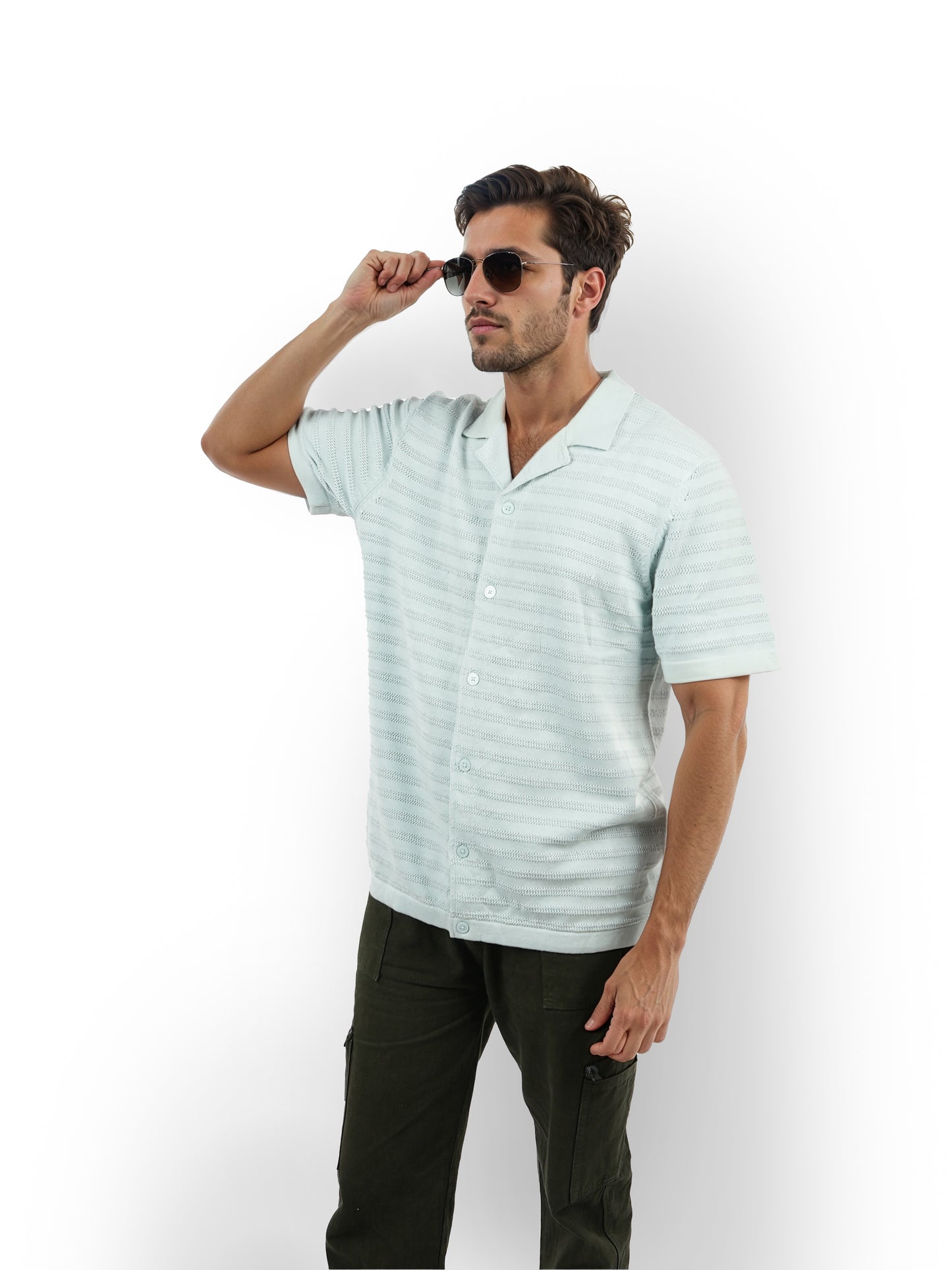 Celio* Striped Regular Fit Cotton Green Shirt