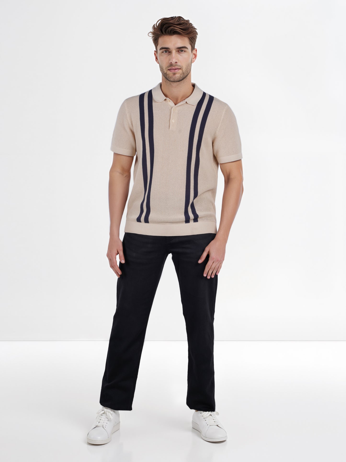 Celio* Striped Regular Fit Cotton Beige T-Shirt