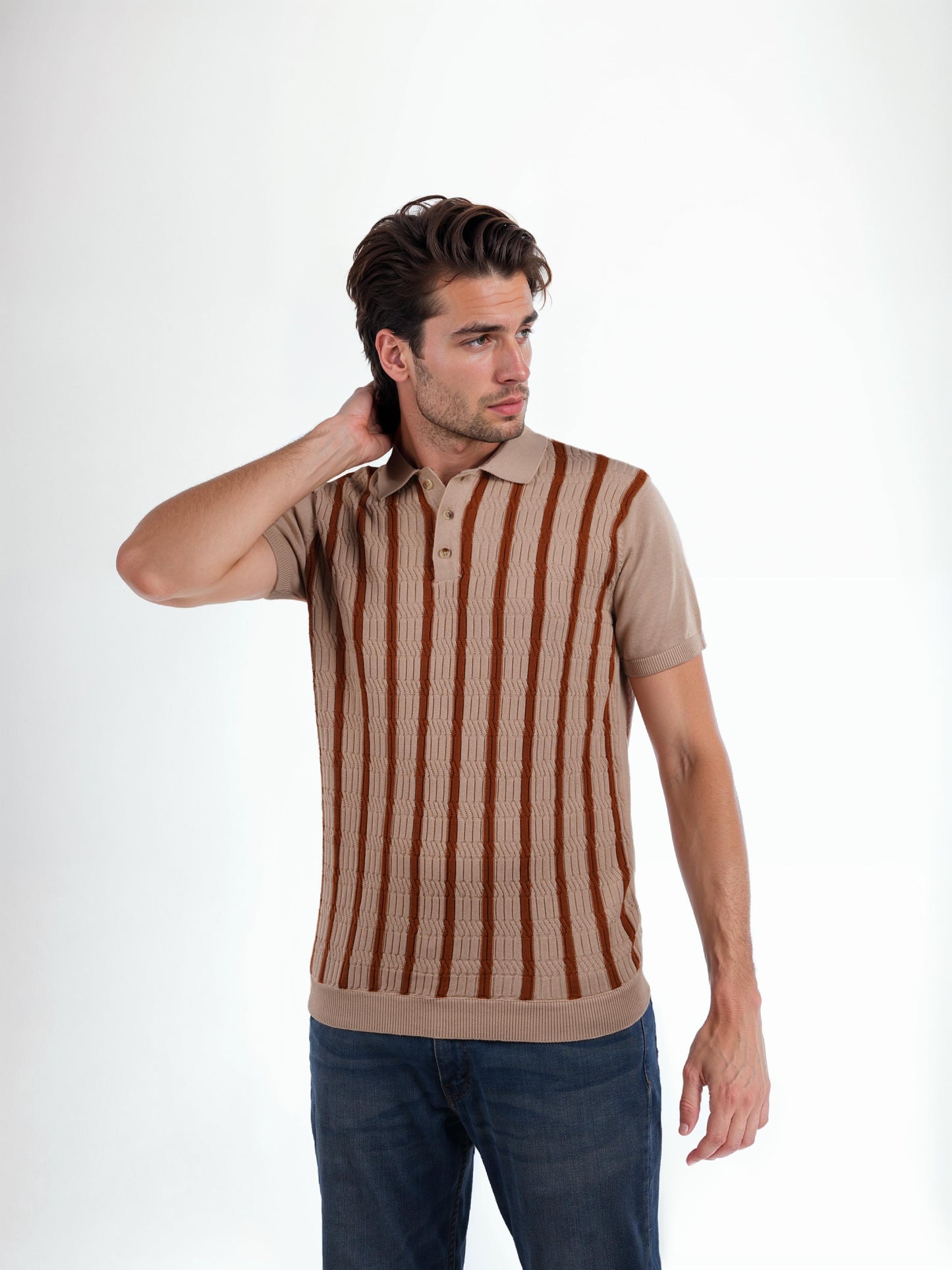 Celio* Striped Regular Fit Cotton Brown T-Shirt