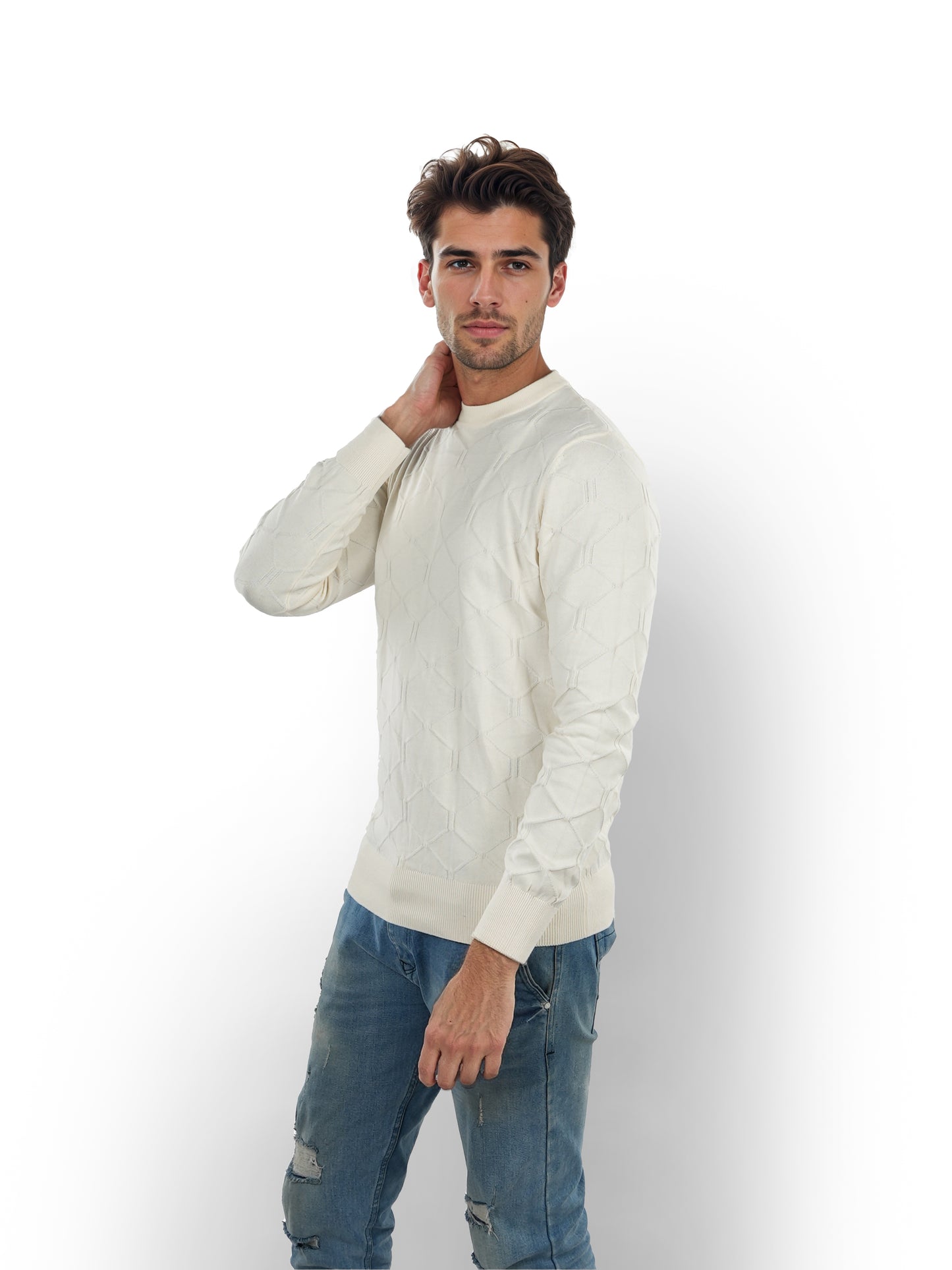 Celio* Solid Regular Fit Cotton Off White Sweater