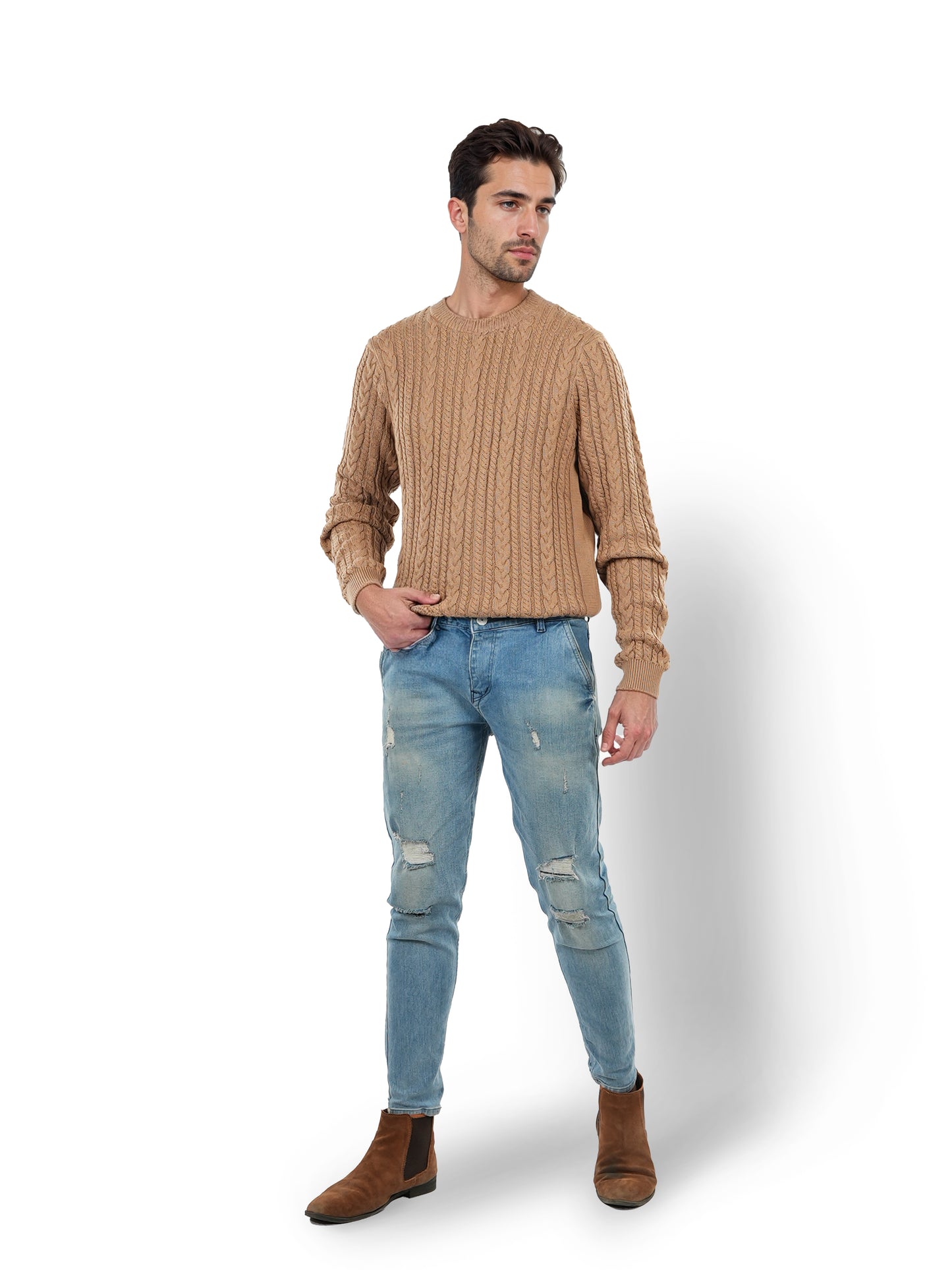 Celio* Solid Regular Fit Cotton Beige Sweater