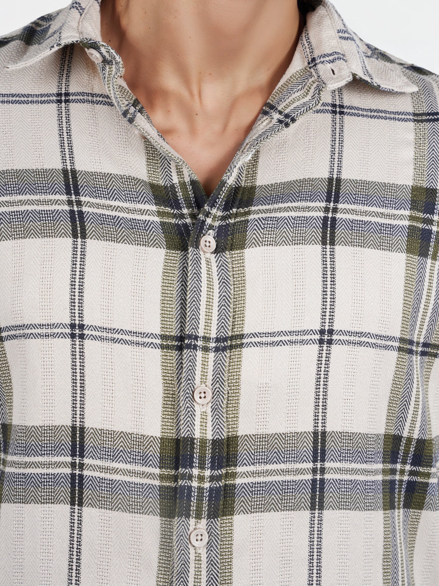 Celio* Checked Regular Fit Poly-Cotton Olive Shirt