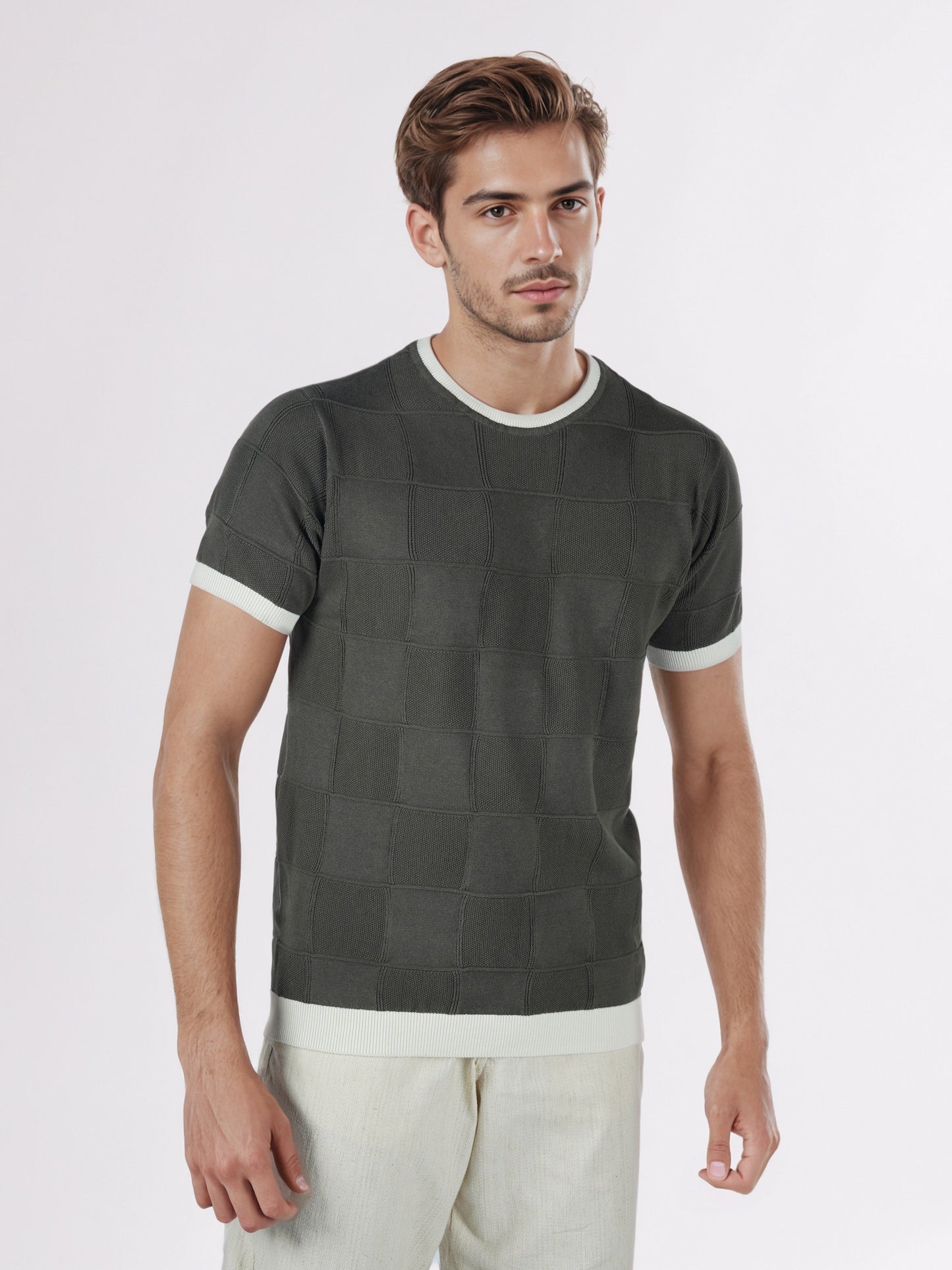 Celio* Men Olive Checked Regular Fit Cotton T-Shirts