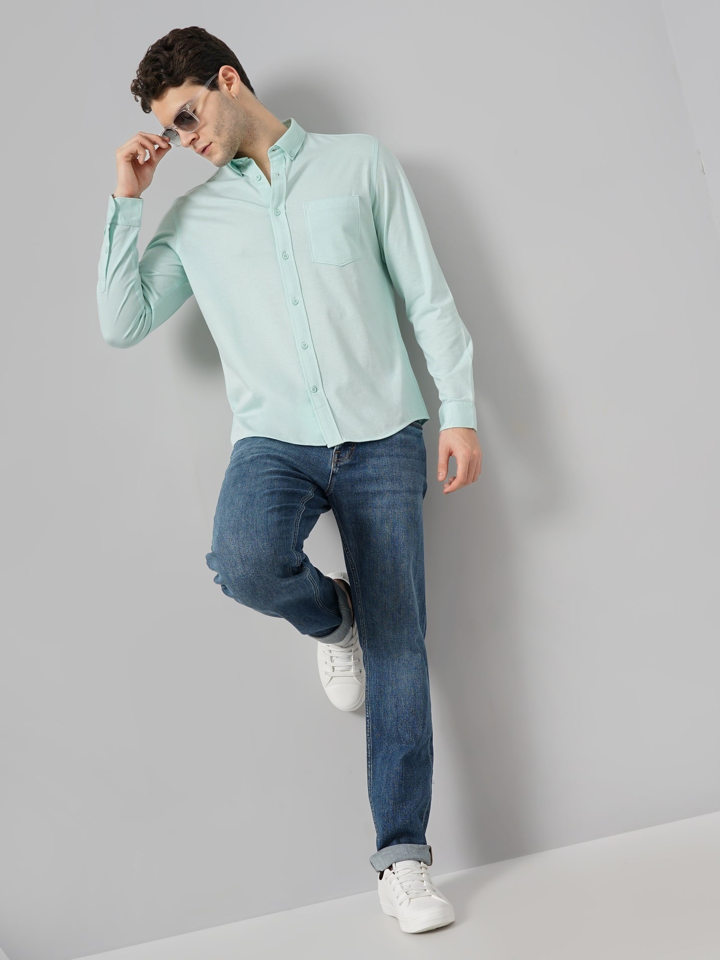 Celio* Solid Regular Fit Cotton Green Shirt